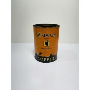ANTIQUE WIGWAM COFFEE TIN LITHO 1LB CAN NATIVE AMERICAN INDIAN OLD WEST GROCERY